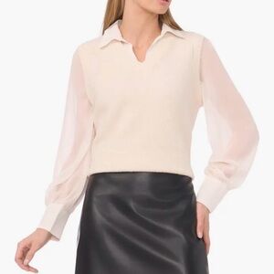 Halogen NWT Cream V-Neck Sweater Vest & Attached Chiffon Shirt size S
